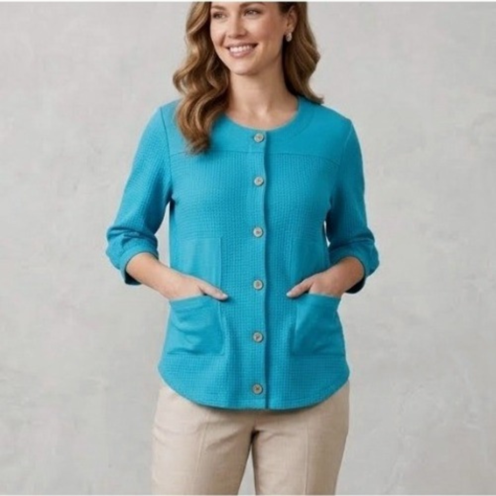 Neon Buddha Womens Teal Blue Waffle Knit Button Front Top Size‎ S